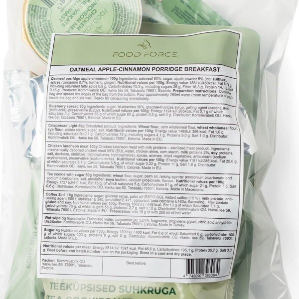 Food Force | Oatmeal Apple-Cinnamon Porridge Breakfast Ration | Freeze-dried food | 377g
