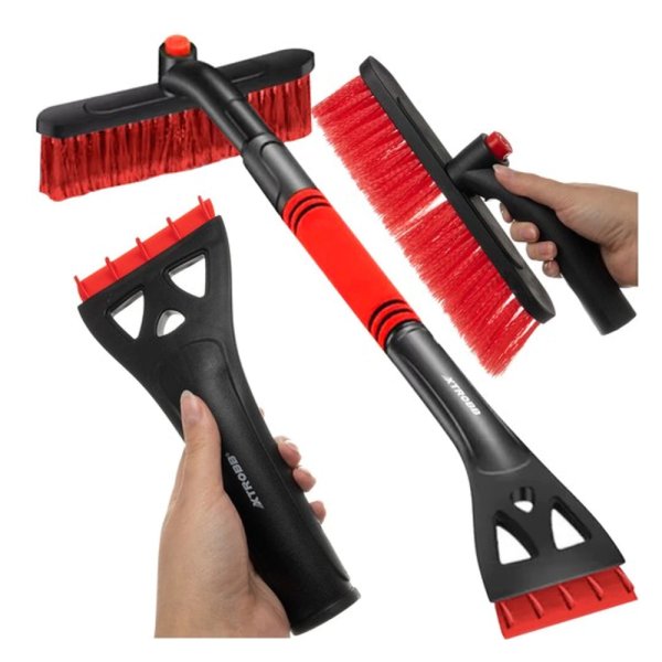 Telescopic ice scraper with snow brush